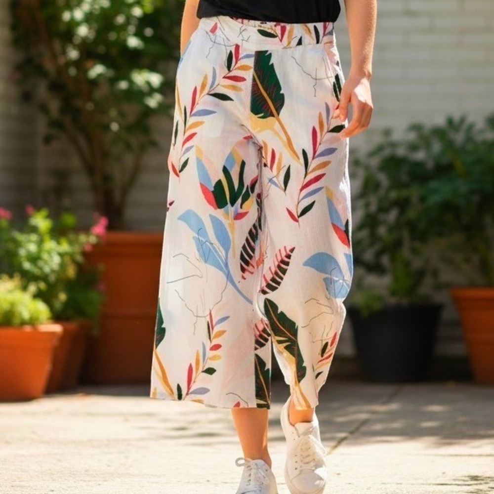 Cynthia Rowley Linen Culottes Women M White Tropical Leaf Print Wide Leg Crop